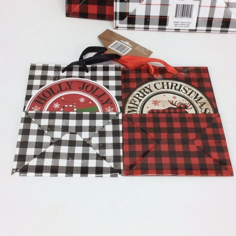 Christmas Gift Bags 7 Piece Set Red/Black Buffalo Check 3 Sizes Ribbon Handles